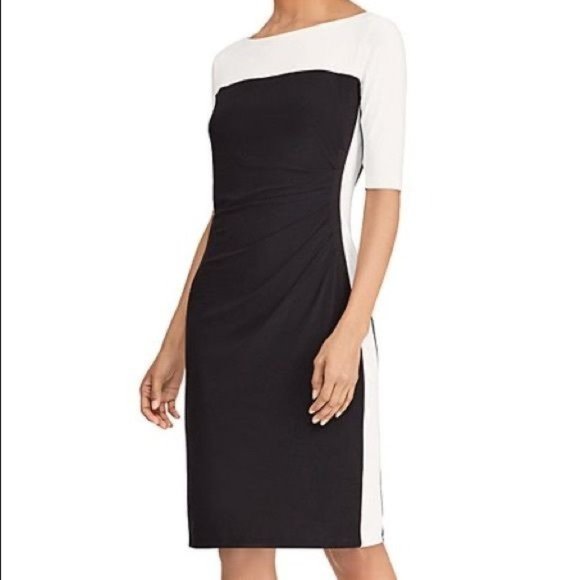 Lauren Ralph Lauren Women Colorblock Bodycon Dress Side Ruched Black White SZ 10 - Picture 1 of 11